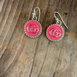 GG hot pink enamel and silver tone zipper pulls now sterling hook earrings.
